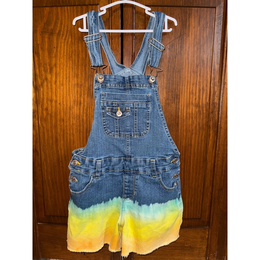 Jordache Girls Denim Shortalls Rainbow Dip Dye Medium Wash Size M 7-8 JZ25768C1